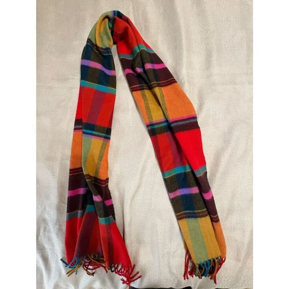 Bright Plaid Fringe Scarf Multicolor Tartan 15”x64”